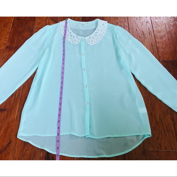 Seafoam mint teal sheer blouse with Sequin Collar - Picture 4 of 6